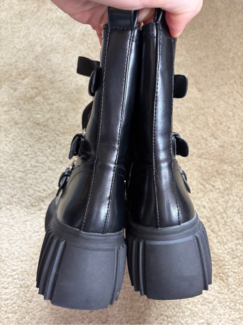 Vivianly Black Platform Lolita Zip Up Combat Boots with Ribbon Laces - Picture 6 of 8
